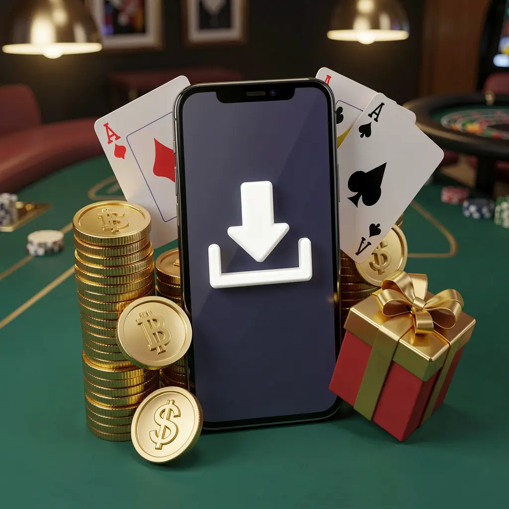 Smartphone displaying a download icon surrounded by golden coins, a gift box, and playing cards, representing the YY555 casino app download concept in a modern mobile gaming atmosphere Smartphone displaying a download icon surrounded by golden coins, a gift box, and playing cards, representing the YY555 casino app download concept in a modern mobile gaming atmosphere