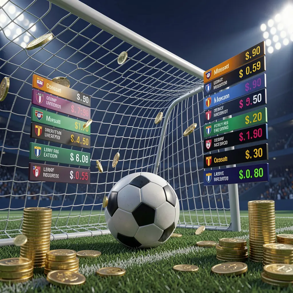 Realistic 3D render of a sports betting page by YY555 featuring a football goal net, soccer ball, stadium lights, coins, and floating live score panels on a dark blue premium background