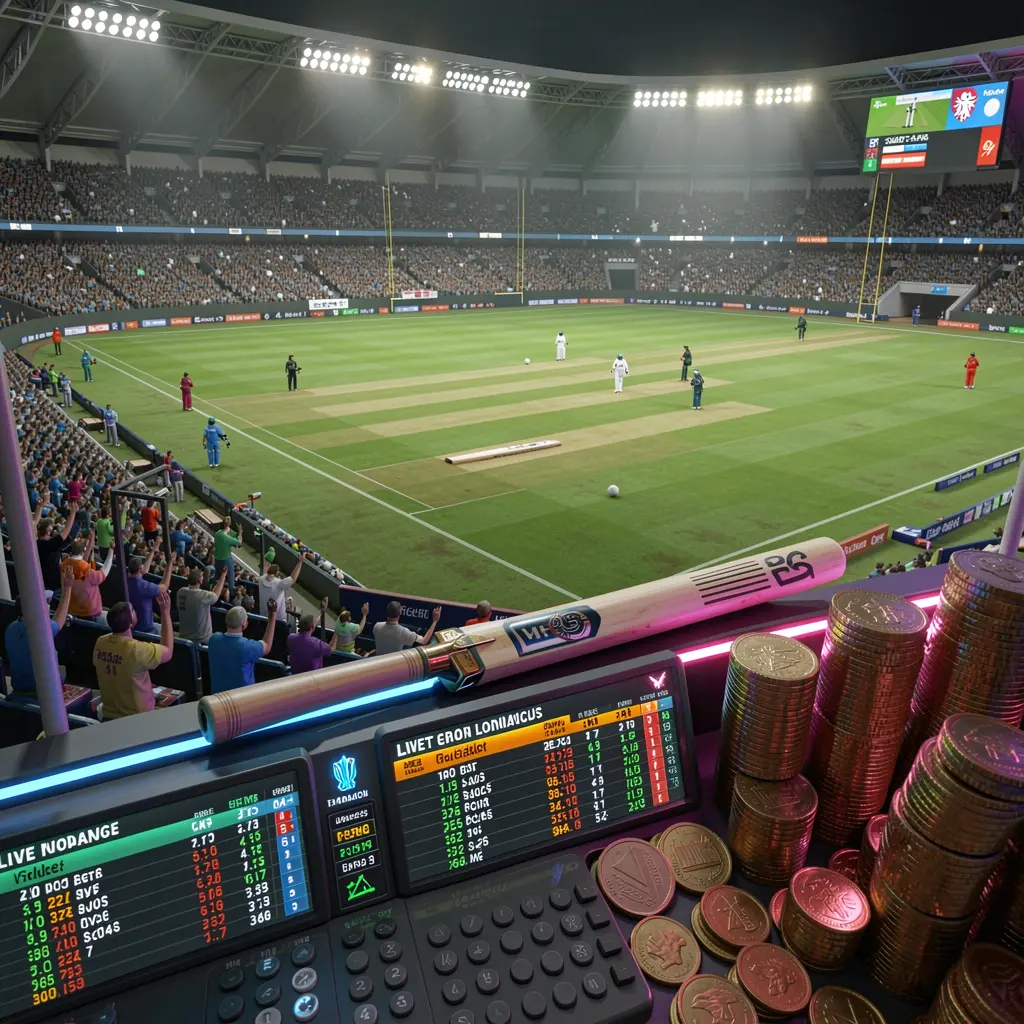 YY555 cricket sportsbook scene showing a packed cricket stadium with a green field, bat and ball, digital live odds panels, coins, and neon lighting in a cinematic 3D render