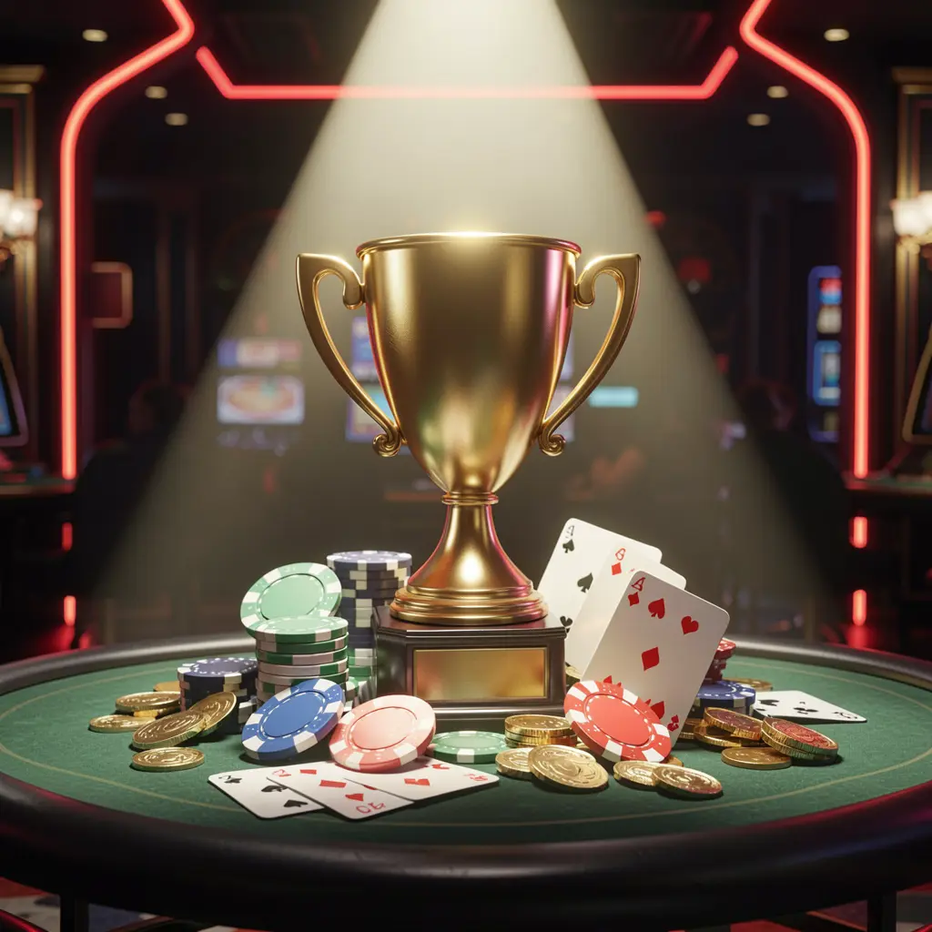 Golden trophy surrounded by poker chips, playing cards, and coins in a competitive luxury casino atmosphere with red and gold neon accents, representing YY555 casino tournament bonus Golden trophy surrounded by poker chips, playing cards, and coins in a competitive luxury casino atmosphere with red and gold neon accents, representing YY555 casino tournament bonus