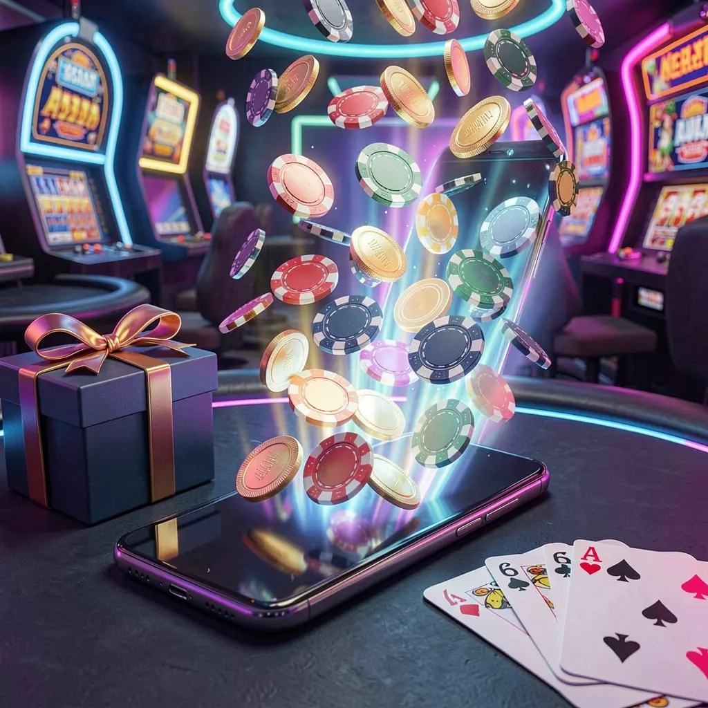 YY555 mobile casino bonus scene with a modern smartphone displaying glowing casino chips and coins emerging from the screen, surrounded by a gift box and playing cards in a bright neon casino atmosphere YY555 mobile casino bonus scene with a modern smartphone displaying glowing casino chips and coins emerging from the screen, surrounded by a gift box and playing cards in a bright neon casino atmosphere