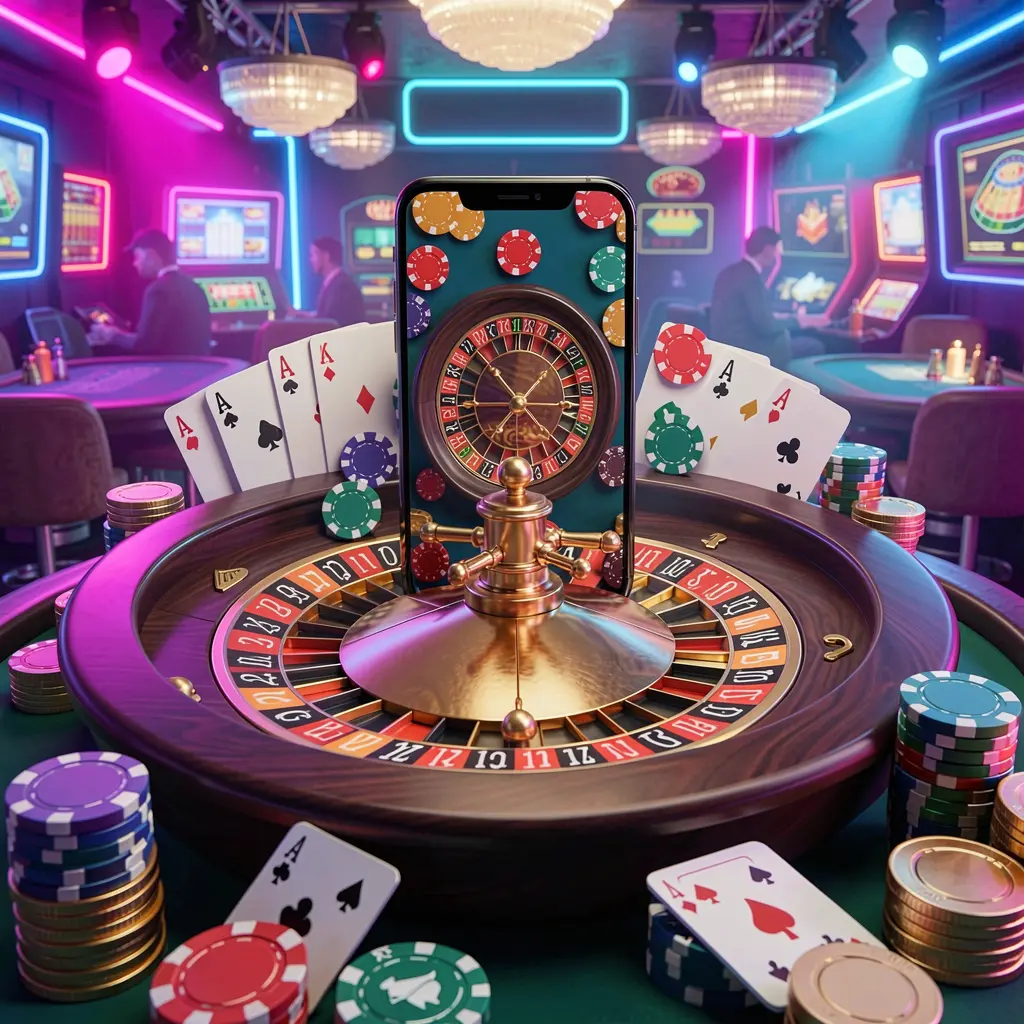 YY555 mobile casino experience showing a smartphone surrounded by a roulette wheel, chips, cards, and coins in a bright neon casino atmosphere