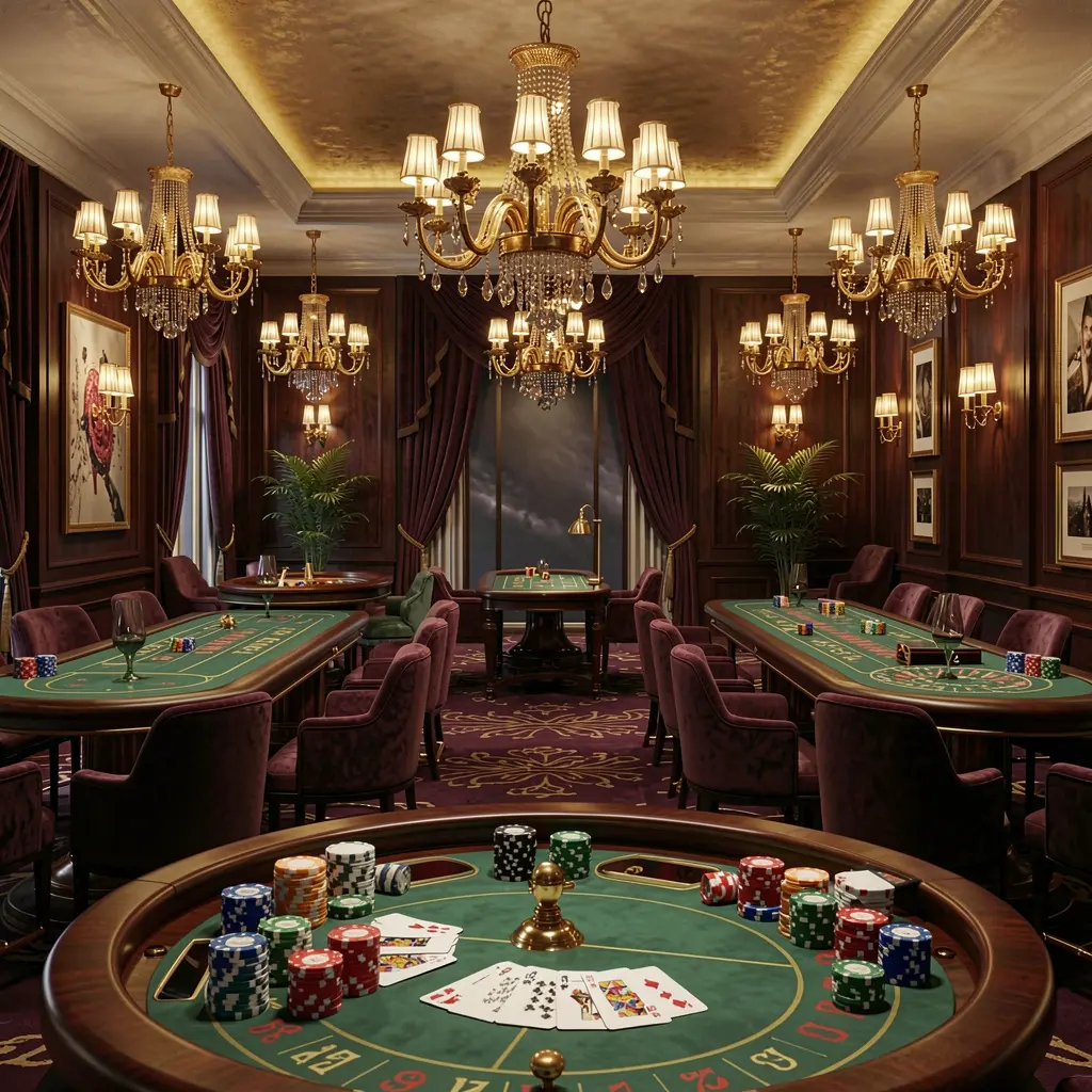 YY555 high-end casino lobby featuring golden lights, roulette tables with chips and cards, elegant premium design against a dark cinematic background in ultra detailed 3D render