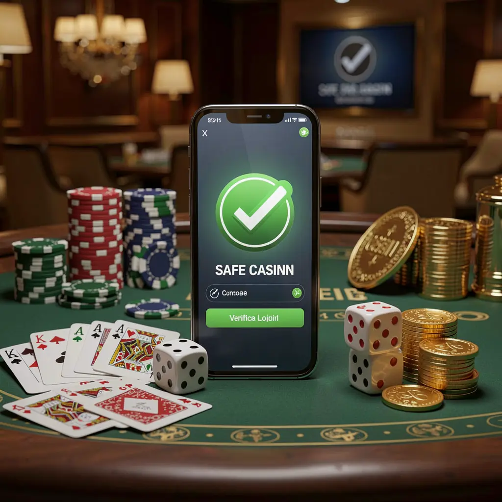 YY555 safe casino login concept showing a smartphone with a verification checkmark icon surrounded by chips, cards, dice, and golden coins on an elegant luxury casino table in a 3D realistic render YY555 safe casino login concept showing a smartphone with a verification checkmark icon surrounded by chips, cards, dice, and golden coins on an elegant luxury casino table in a 3D realistic render
