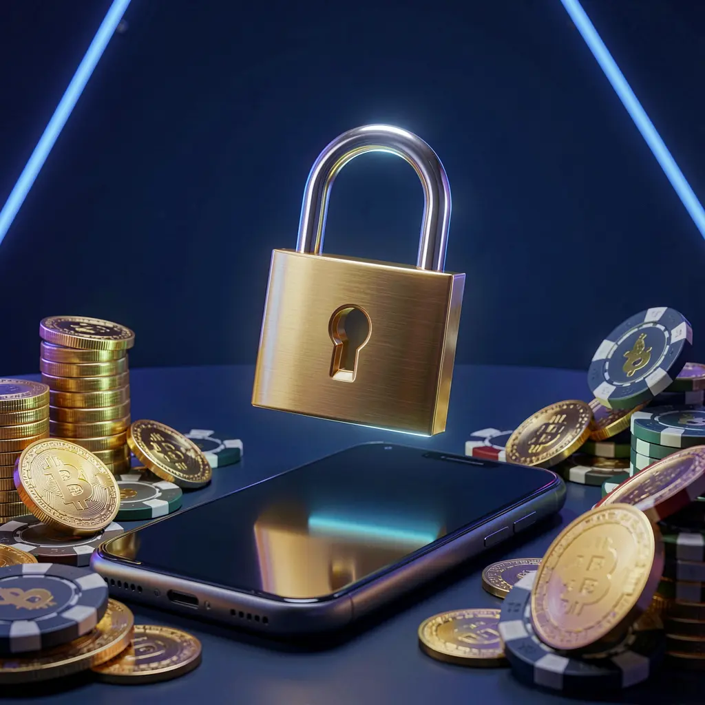 YY555 casino login security image showing a glowing padlock floating above a smartphone with golden coins and chips scattered around on a dark blue neon background in a premium realistic 3D render YY555 casino login security image showing a glowing padlock floating above a smartphone with golden coins and chips scattered around on a dark blue neon background in a premium realistic 3D render